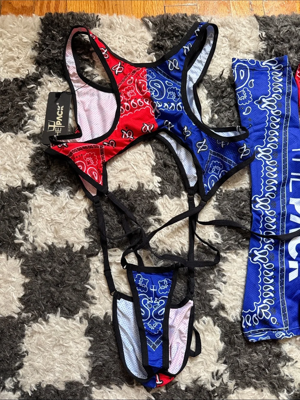 NWT Bandana Split Crop Harness Bodysuit & Arm Sleeves Set - Red & Blue